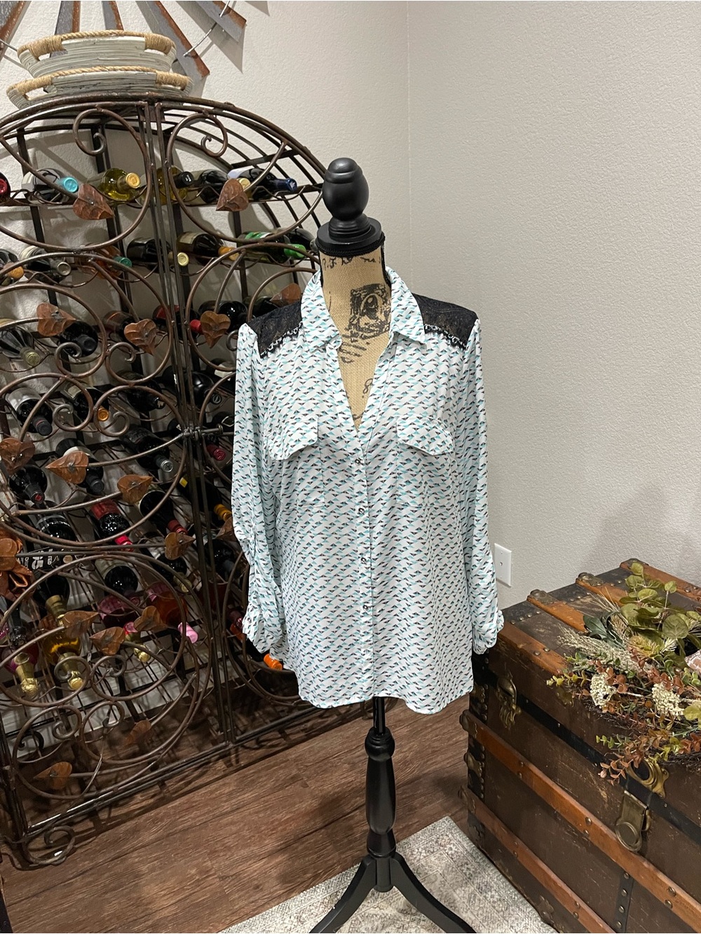 Candie's Light Blue Printed Button-Up Blouse with Black Lace Yoke